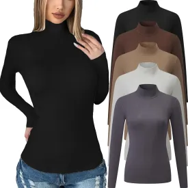 5 Pack Womens Long Sleeve Tops Mock Turtleneck Basic T Shirt Fall Stretch Tight Fitted Thermal Shirts