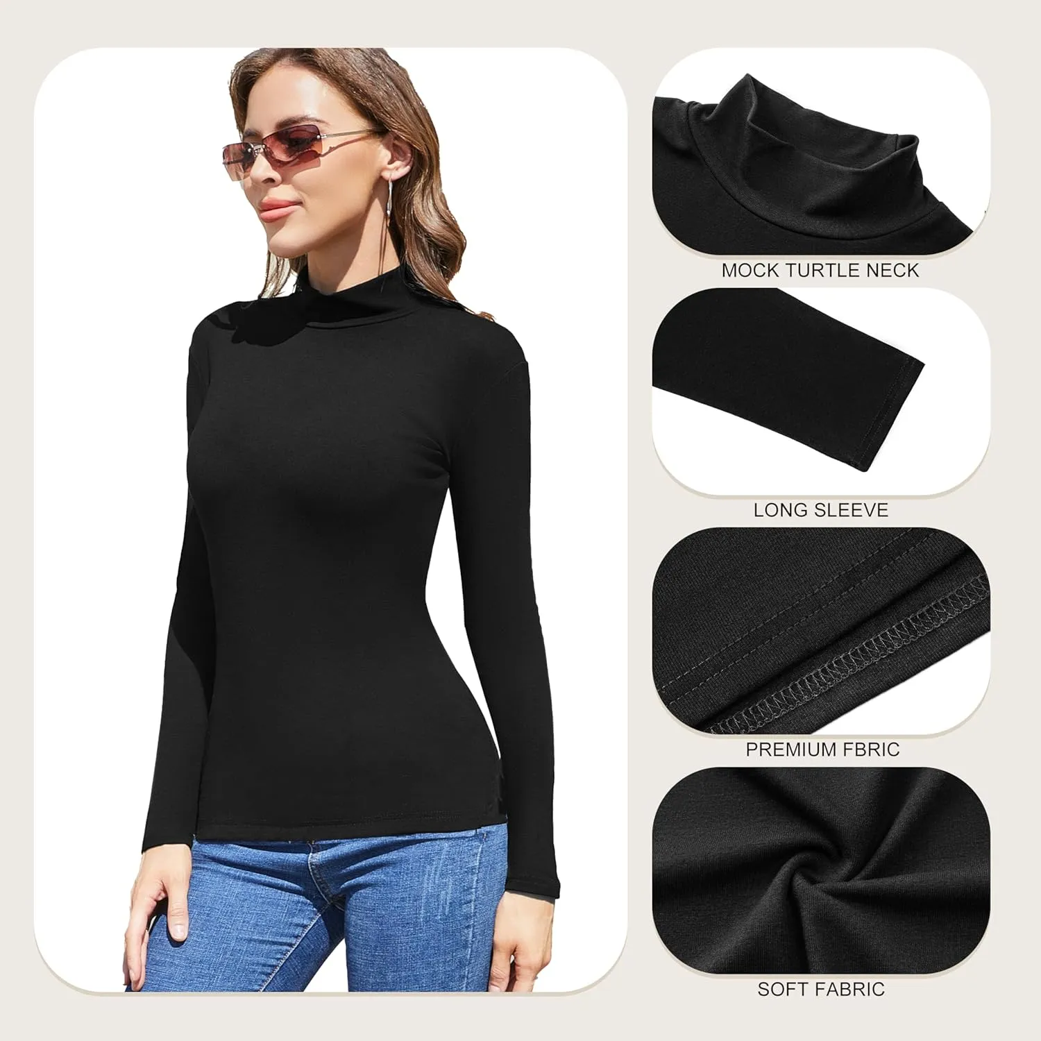 5 Pack Womens Long Sleeve Tops Mock Turtleneck Basic T Shirt Fall Stretch Tight Fitted Thermal Shirts