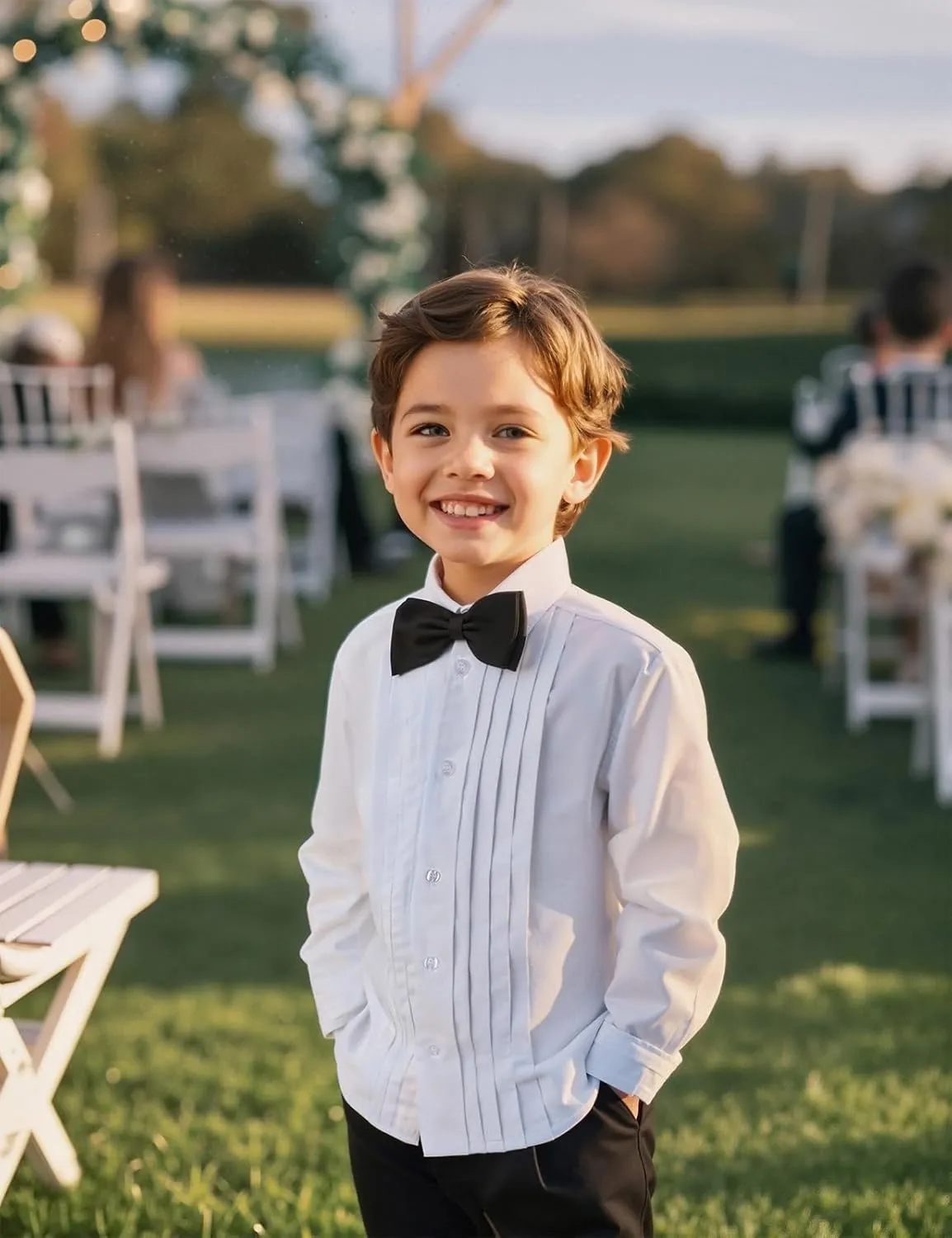 A&J DESIGN Boys Tuxedo Shirt Kids Pleated Dress Shirts with Bow Tie for 2-7 Years Old Boys Button Down Shirt