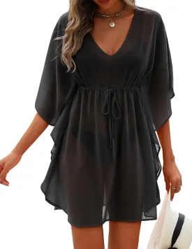 AI'MAGE Womens Beach Swimsuit Coverup Sexy Sheer Bathing Suit Cover Up Dress Swimwear Tie Waist Chiffon Beachwear