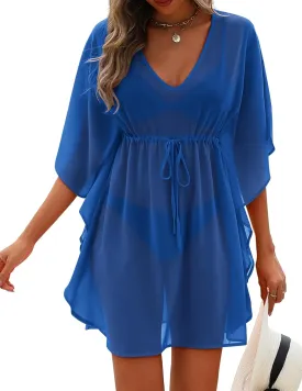 AI'MAGE Womens Beach Swimsuit Coverup Sexy Sheer Bathing Suit Cover Up Dress Swimwear Tie Waist Chiffon Beachwear