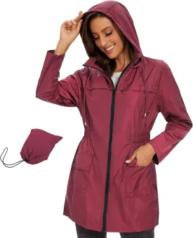 American Trends Rain Jacket Women Waterproof with Hood Windbreaker Jacket Travel Rain Coat Packable Lightweight Long Raincoat