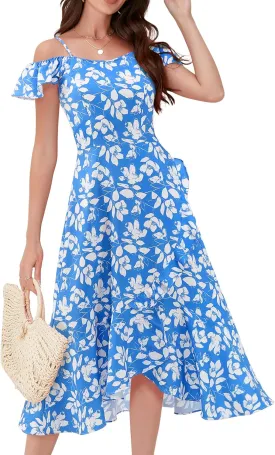 Aupuls Women Off Shoulder Summer Floral Dress 2025 Casual Beach Boho Ruffle Midi Dresses