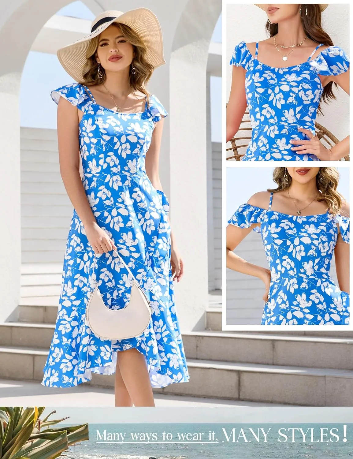 Aupuls Women Off Shoulder Summer Floral Dress 2025 Casual Beach Boho Ruffle Midi Dresses