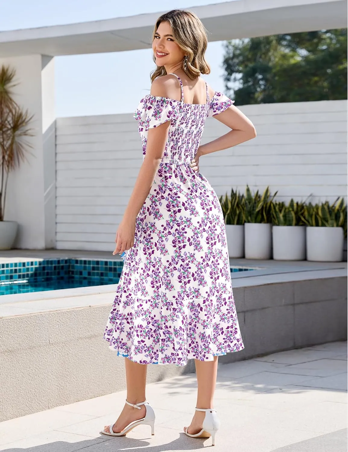 Aupuls Women Off Shoulder Summer Floral Dress 2025 Casual Beach Boho Ruffle Midi Dresses