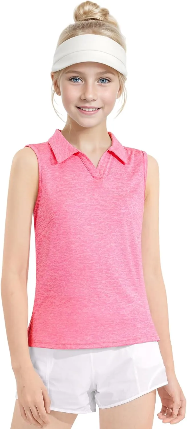 Auranso Girls Sleeveless Polo Shirts V-Neck Golf Tennis T-Shirts with Collared Quick Dry Tank Tops