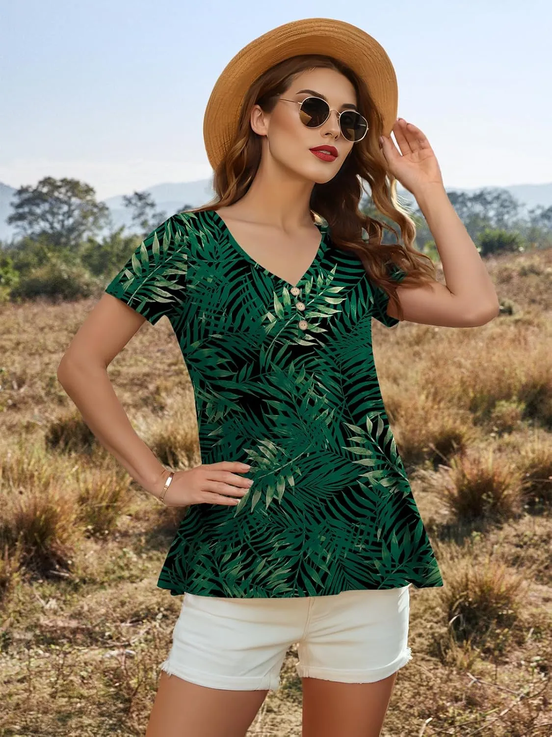 AWULIFFAN Womens Summer Short Sleeve Tunic Tops Loose Fit Casual T-Shirt Button Up Blouses