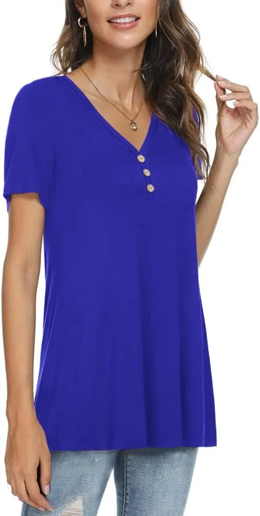 AWULIFFAN Womens Summer Short Sleeve Tunic Tops Loose Fit Casual T-Shirt Button Up Blouses
