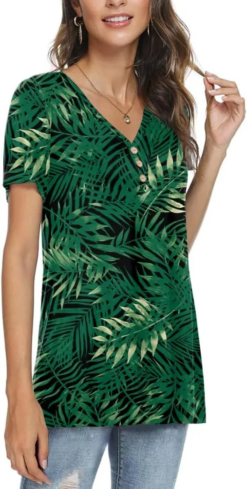 AWULIFFAN Womens Summer Short Sleeve Tunic Tops Loose Fit Casual T-Shirt Button Up Blouses