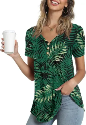 AWULIFFAN Womens Summer Short Sleeve Tunic Tops Loose Fit Casual T-Shirt Button Up Blouses