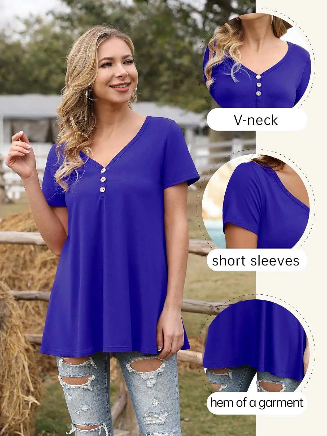AWULIFFAN Womens Summer Short Sleeve Tunic Tops Loose Fit Casual T-Shirt Button Up Blouses