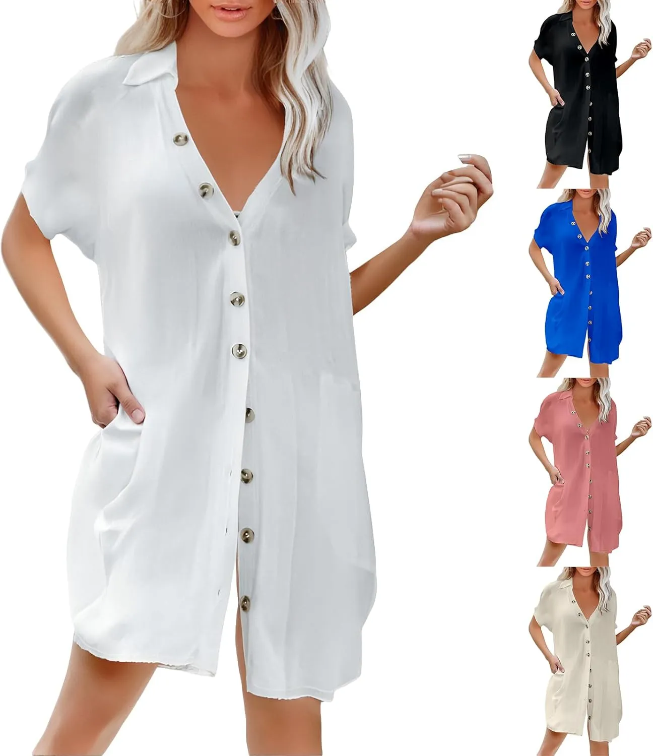 Beach Cover Ups for Women Summer Button Front Dress Casual Beach Vacation Swimsuit Short Sleeve V Neck Shirt Dress