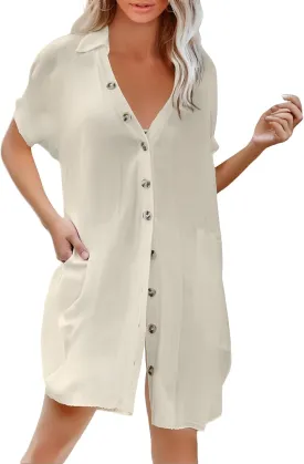 Beach Cover Ups for Women Summer Button Front Dress Casual Beach Vacation Swimsuit Short Sleeve V Neck Shirt Dress