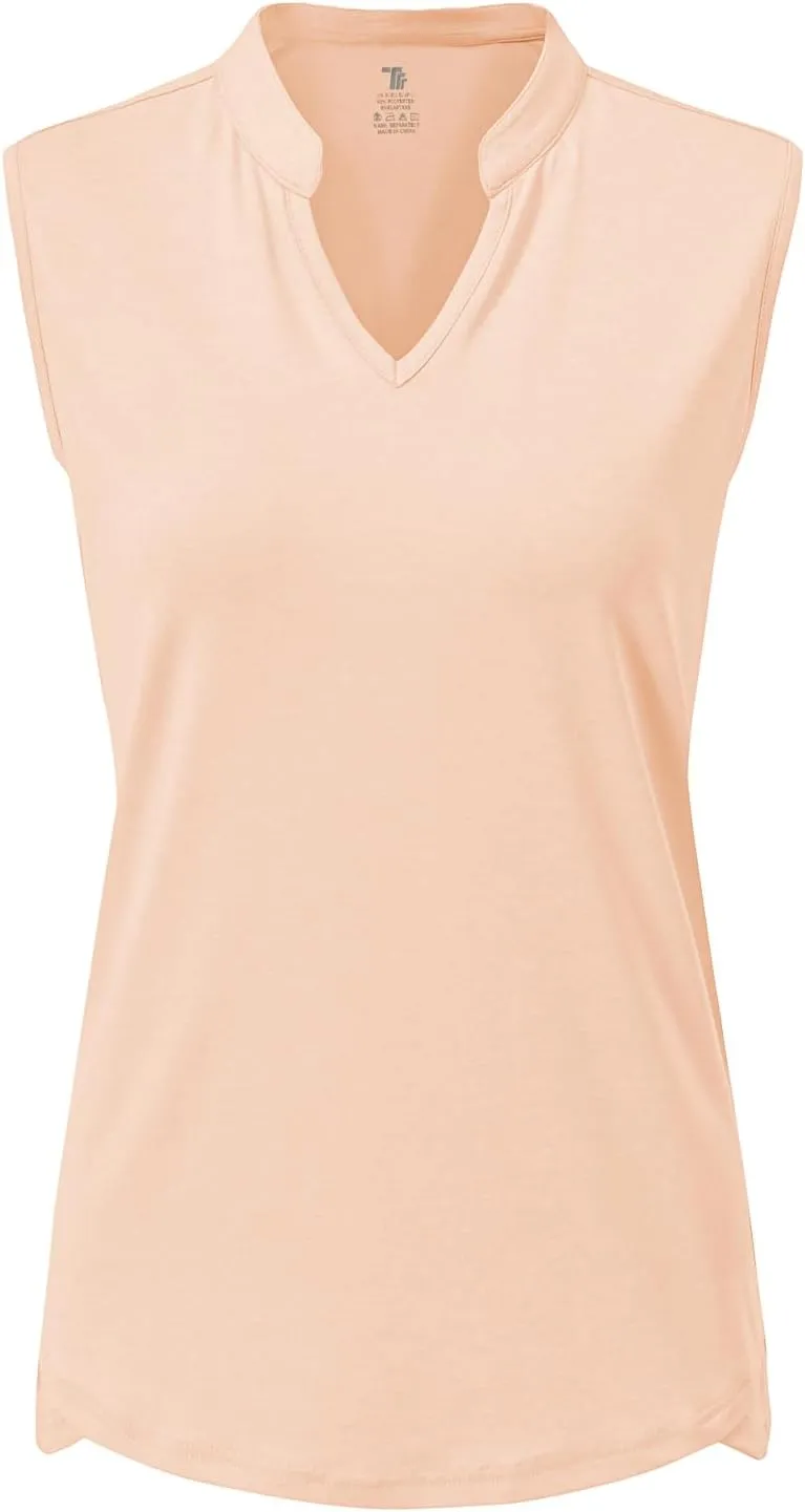BGOWATU Women's Golf Polo T-Shirts Sleeveless V Neck Collarless Tennis Shirts UV Protection Quick Dry Lightweight