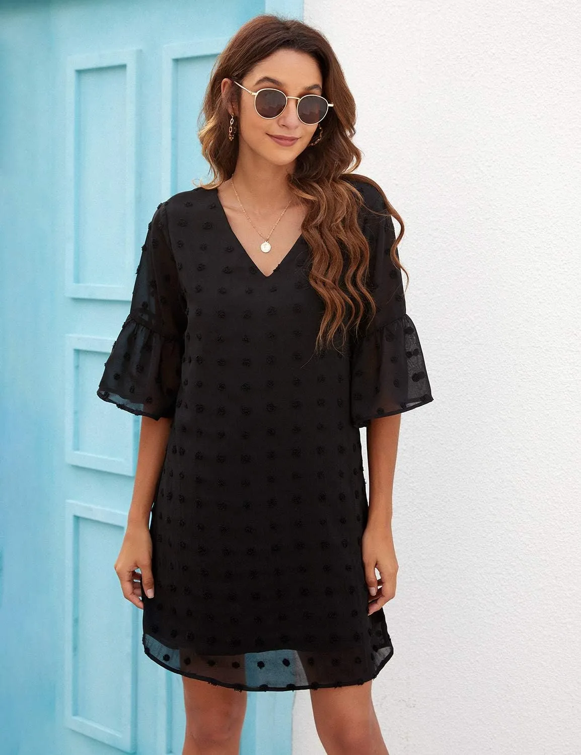 Blooming Jelly Womens White Dresses Short Sleeve V Neck Ruffle Cute Sun Dress Chiffon Flowy Shift Mini Dress