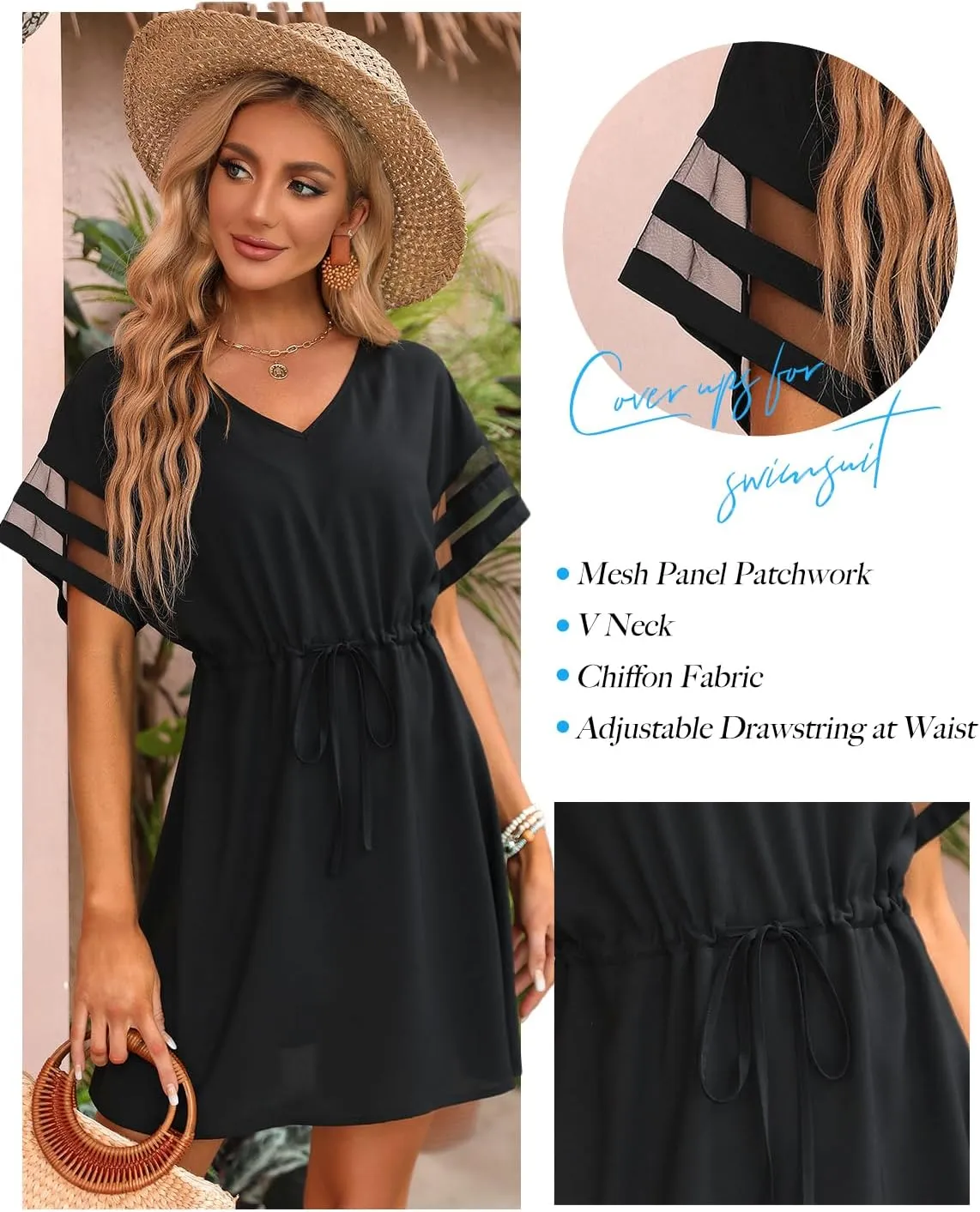 BMJL Womens Swimsuit Coverup Beach Dress V Neck Chiffon Bathing Suit Cover Ups Swimwear