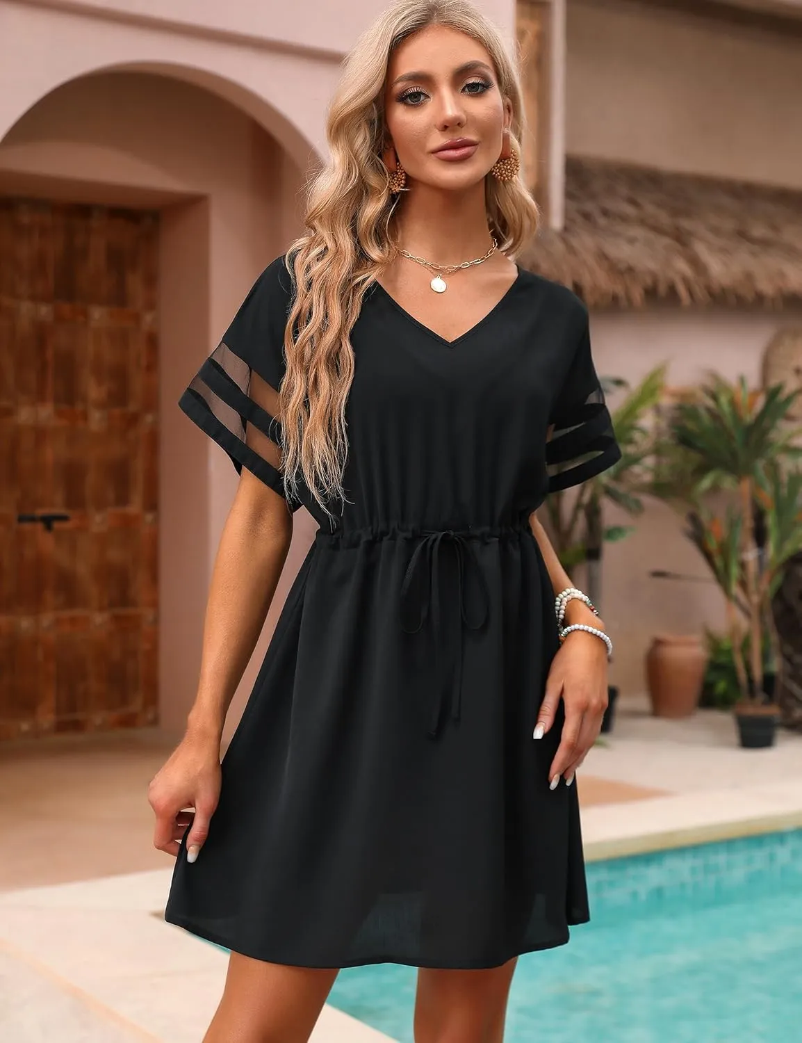 BMJL Womens Swimsuit Coverup Beach Dress V Neck Chiffon Bathing Suit Cover Ups Swimwear