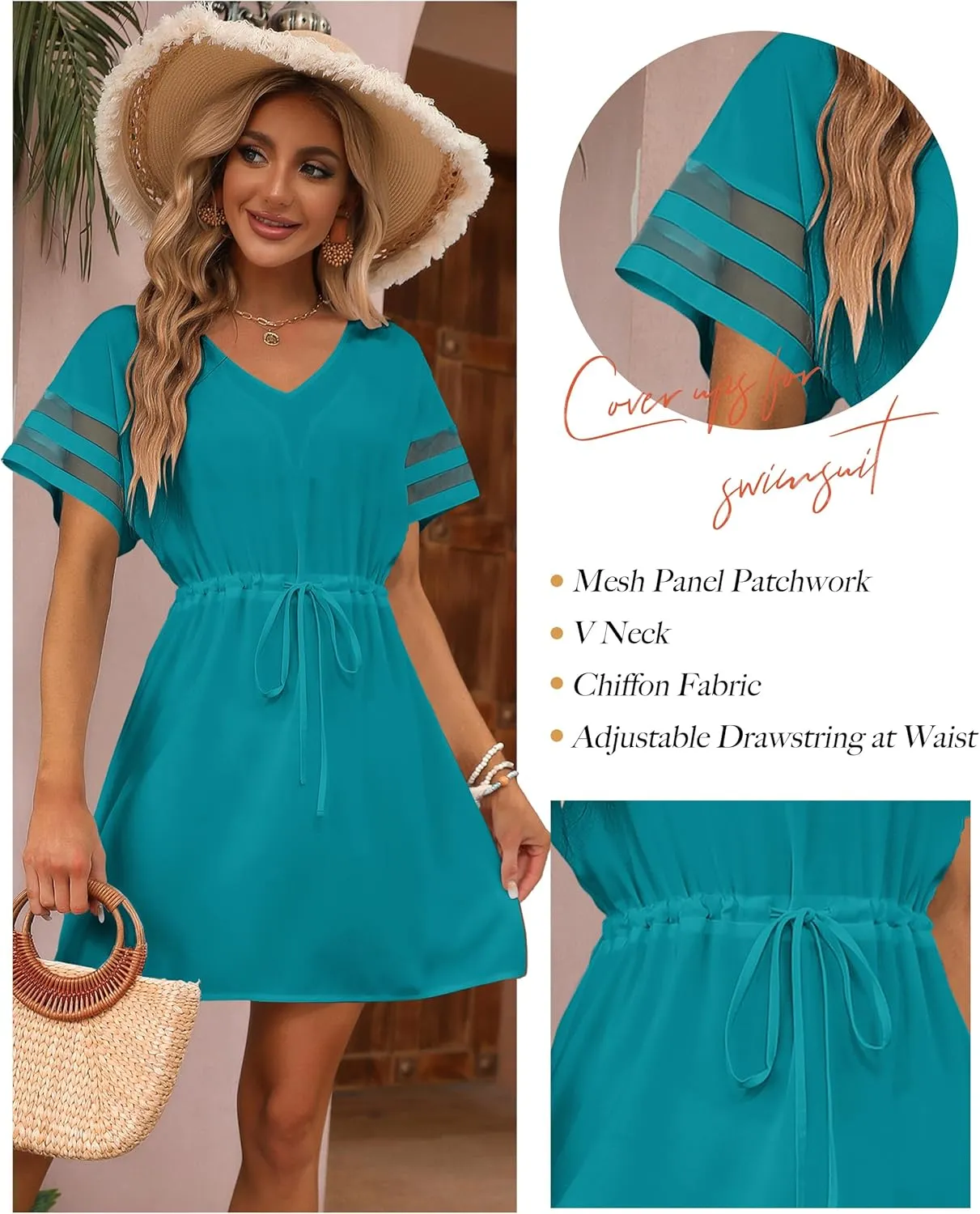 BMJL Womens Swimsuit Coverup Beach Dress V Neck Chiffon Bathing Suit Cover Ups Swimwear