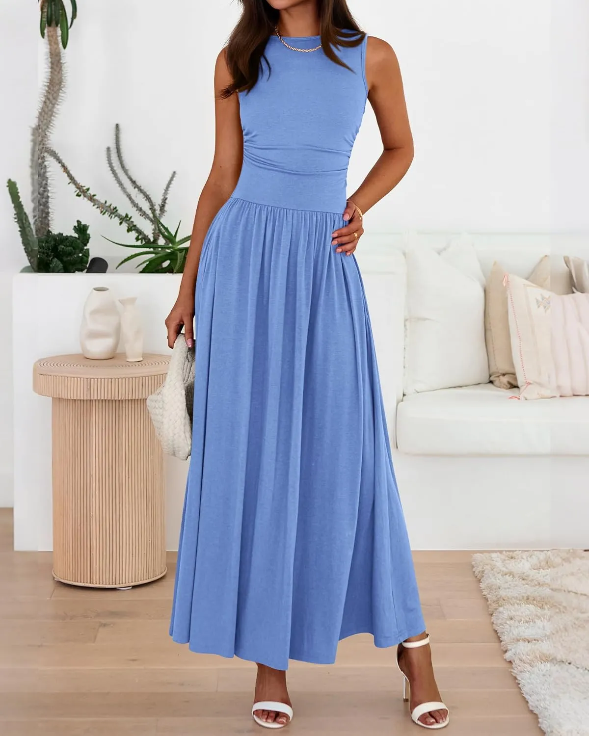 BTFBM Summer Maxi Dresses for Women 2025 Sleeveless Casual Ruched High Waisted Tank Long Sundress Flowy Beach Dress
