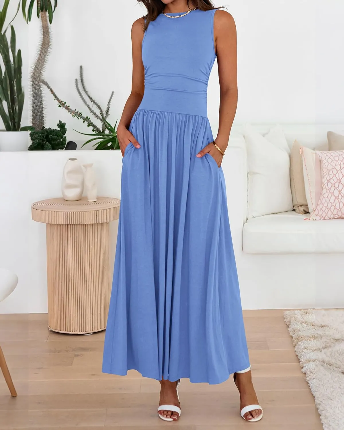 BTFBM Summer Maxi Dresses for Women 2025 Sleeveless Casual Ruched High Waisted Tank Long Sundress Flowy Beach Dress