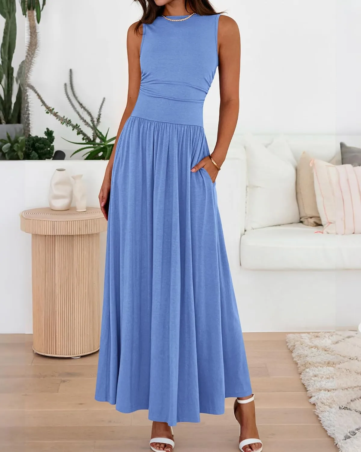 BTFBM Summer Maxi Dresses for Women 2025 Sleeveless Casual Ruched High Waisted Tank Long Sundress Flowy Beach Dress