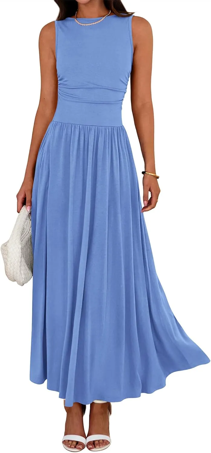 BTFBM Summer Maxi Dresses for Women 2025 Sleeveless Casual Ruched High Waisted Tank Long Sundress Flowy Beach Dress