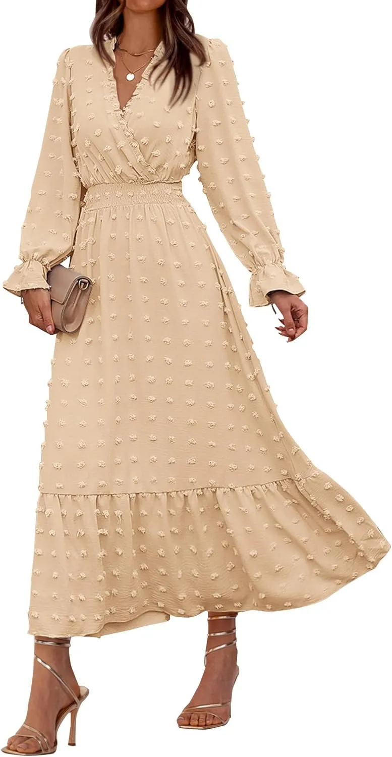 BTFBM Women Spring Dresses 2025 Long Sleeve V Neck Swiss Dots Maxi Dress Boho Long Dress High Waisted A-Line Ruffle Dress