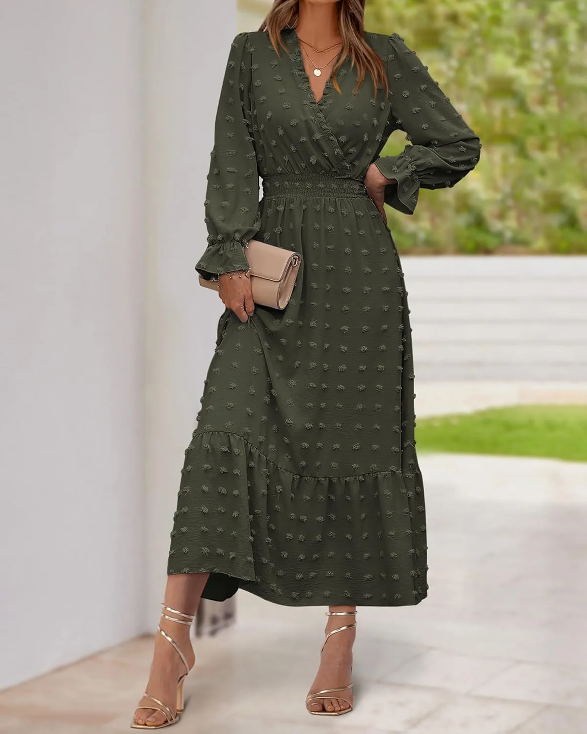 BTFBM Women Spring Dresses 2025 Long Sleeve V Neck Swiss Dots Maxi Dress Boho Long Dress High Waisted A-Line Ruffle Dress