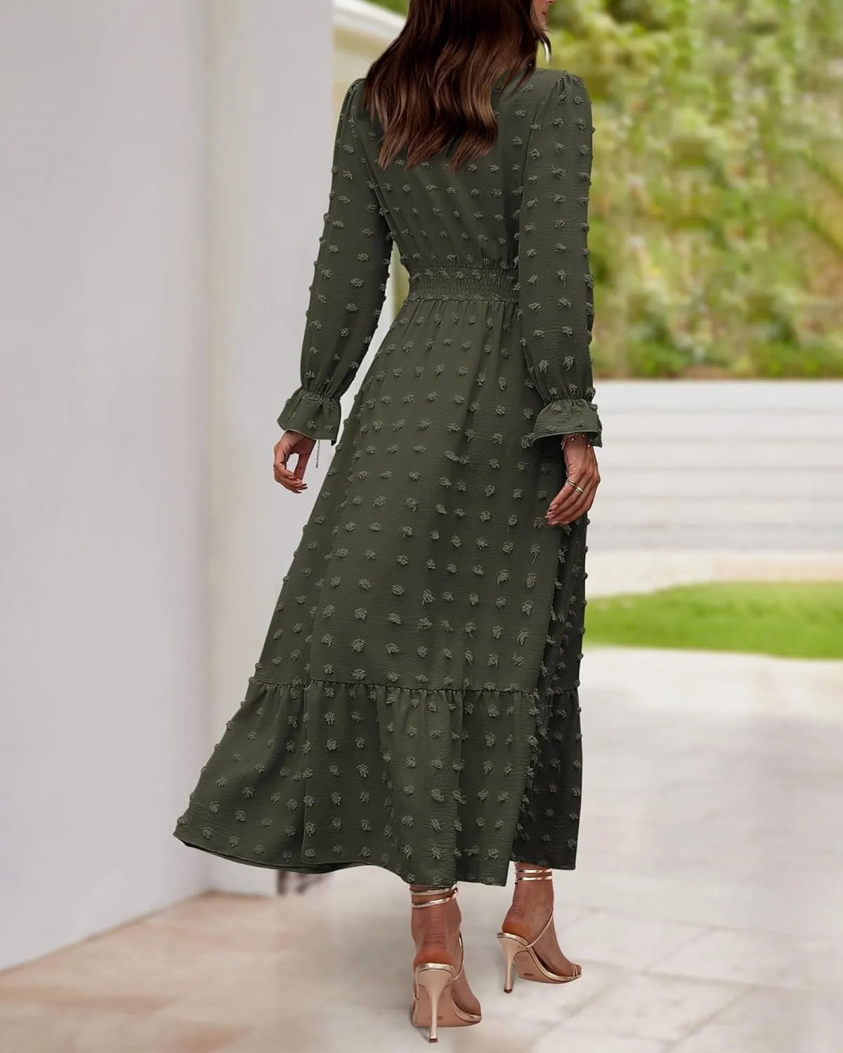 BTFBM Women Spring Dresses 2025 Long Sleeve V Neck Swiss Dots Maxi Dress Boho Long Dress High Waisted A-Line Ruffle Dress