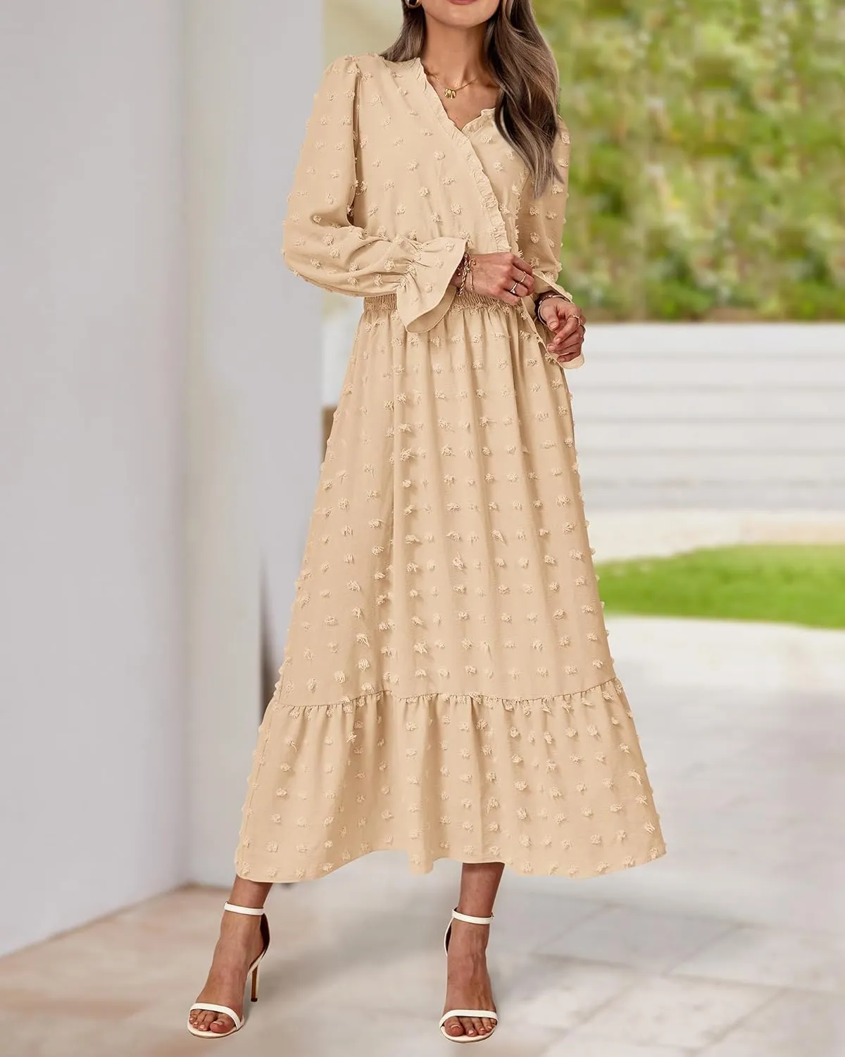 BTFBM Women Spring Dresses 2025 Long Sleeve V Neck Swiss Dots Maxi Dress Boho Long Dress High Waisted A-Line Ruffle Dress