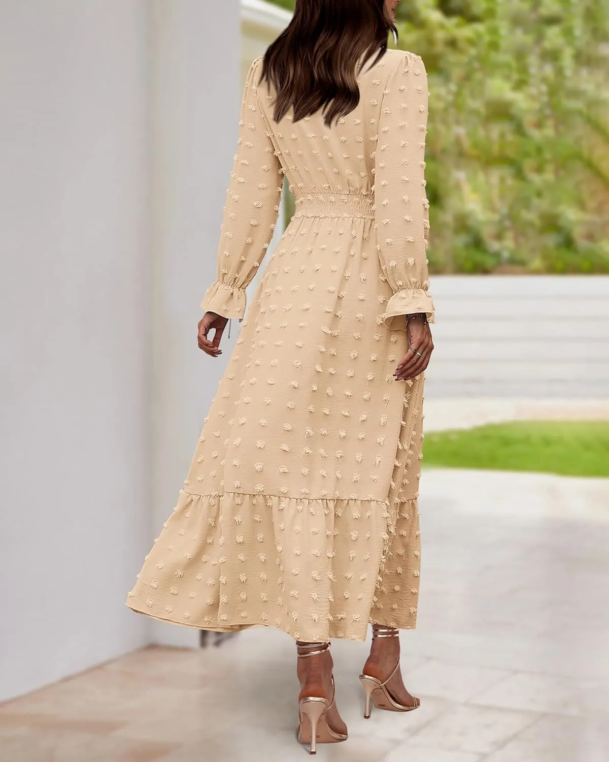 BTFBM Women Spring Dresses 2025 Long Sleeve V Neck Swiss Dots Maxi Dress Boho Long Dress High Waisted A-Line Ruffle Dress