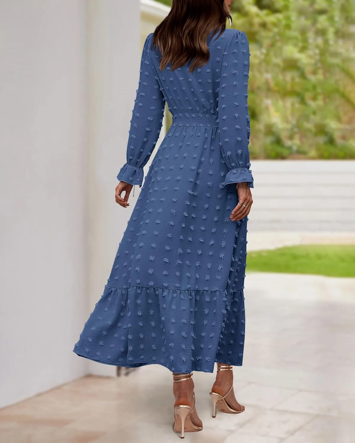 BTFBM Women Spring Dresses 2025 Long Sleeve V Neck Swiss Dots Maxi Dress Boho Long Dress High Waisted A-Line Ruffle Dress