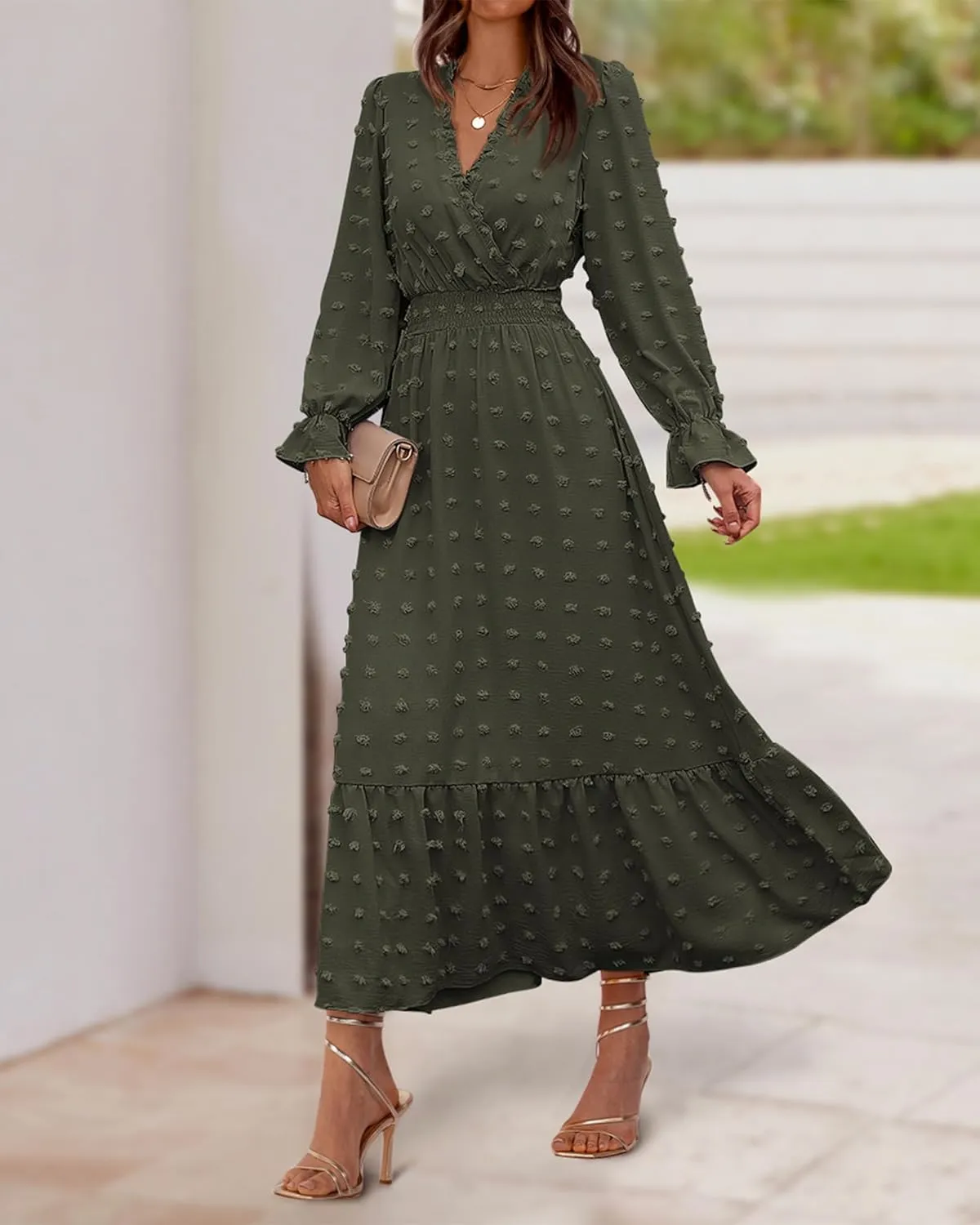 BTFBM Women Spring Dresses 2025 Long Sleeve V Neck Swiss Dots Maxi Dress Boho Long Dress High Waisted A-Line Ruffle Dress