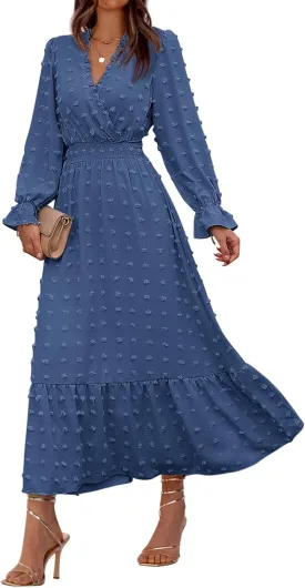 BTFBM Women Spring Dresses 2025 Long Sleeve V Neck Swiss Dots Maxi Dress Boho Long Dress High Waisted A-Line Ruffle Dress