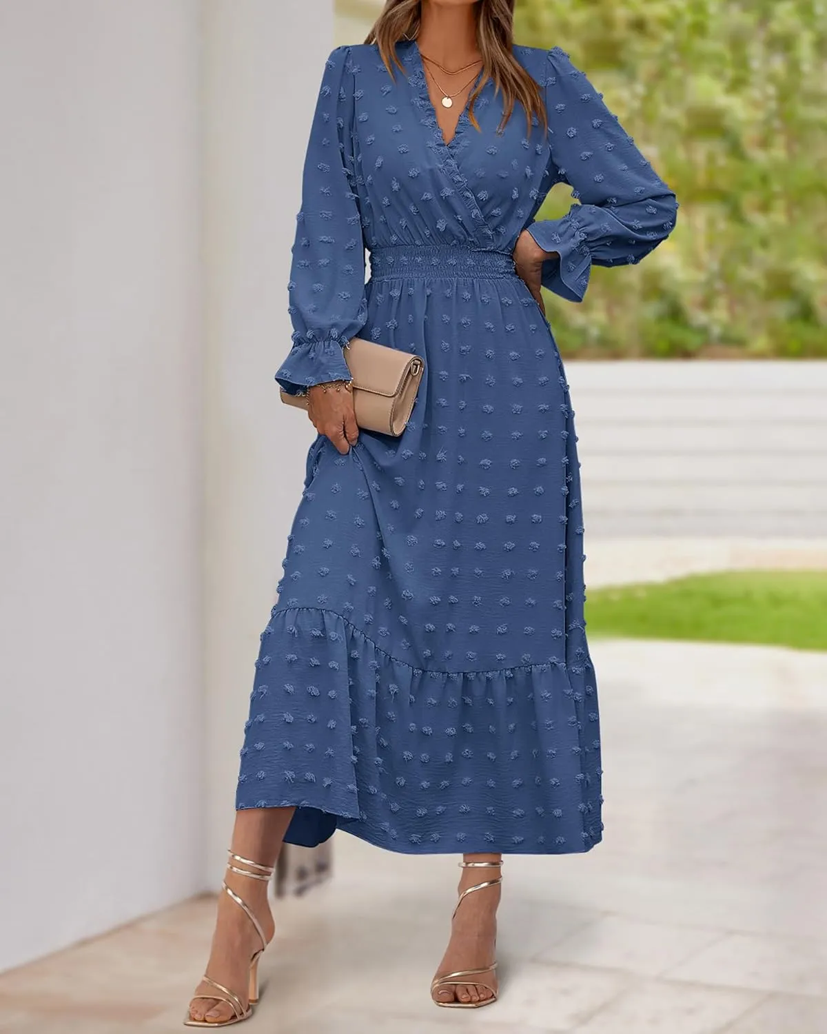 BTFBM Women Spring Dresses 2025 Long Sleeve V Neck Swiss Dots Maxi Dress Boho Long Dress High Waisted A-Line Ruffle Dress
