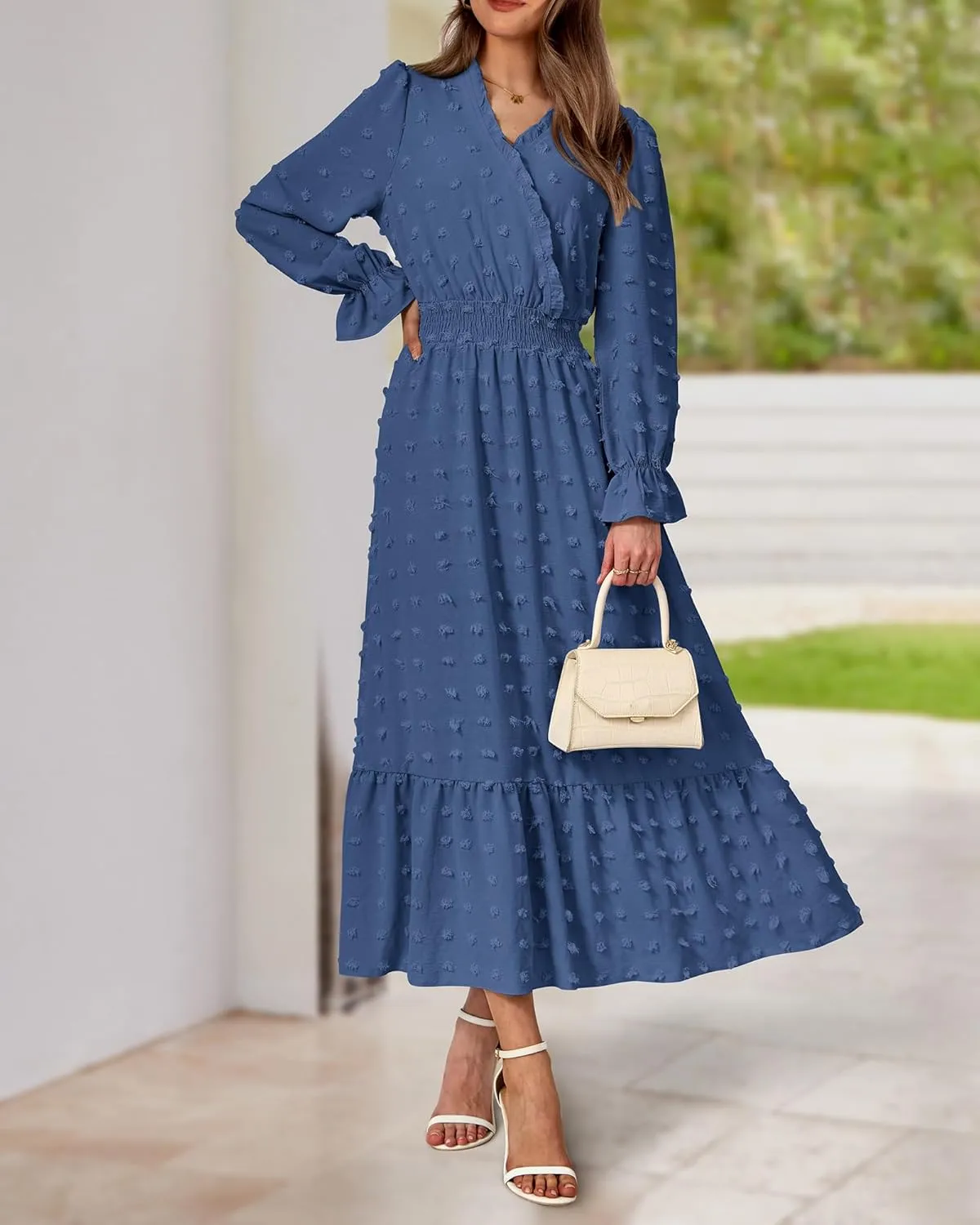 BTFBM Women Spring Dresses 2025 Long Sleeve V Neck Swiss Dots Maxi Dress Boho Long Dress High Waisted A-Line Ruffle Dress