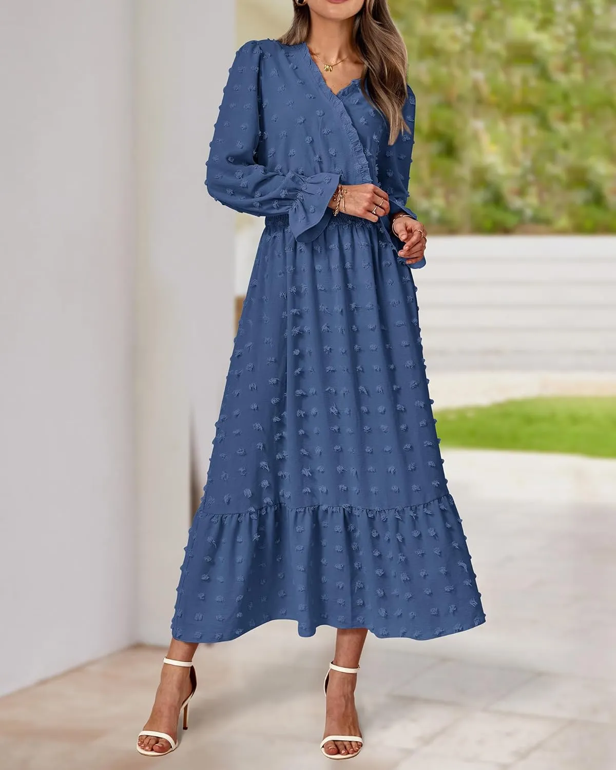BTFBM Women Spring Dresses 2025 Long Sleeve V Neck Swiss Dots Maxi Dress Boho Long Dress High Waisted A-Line Ruffle Dress