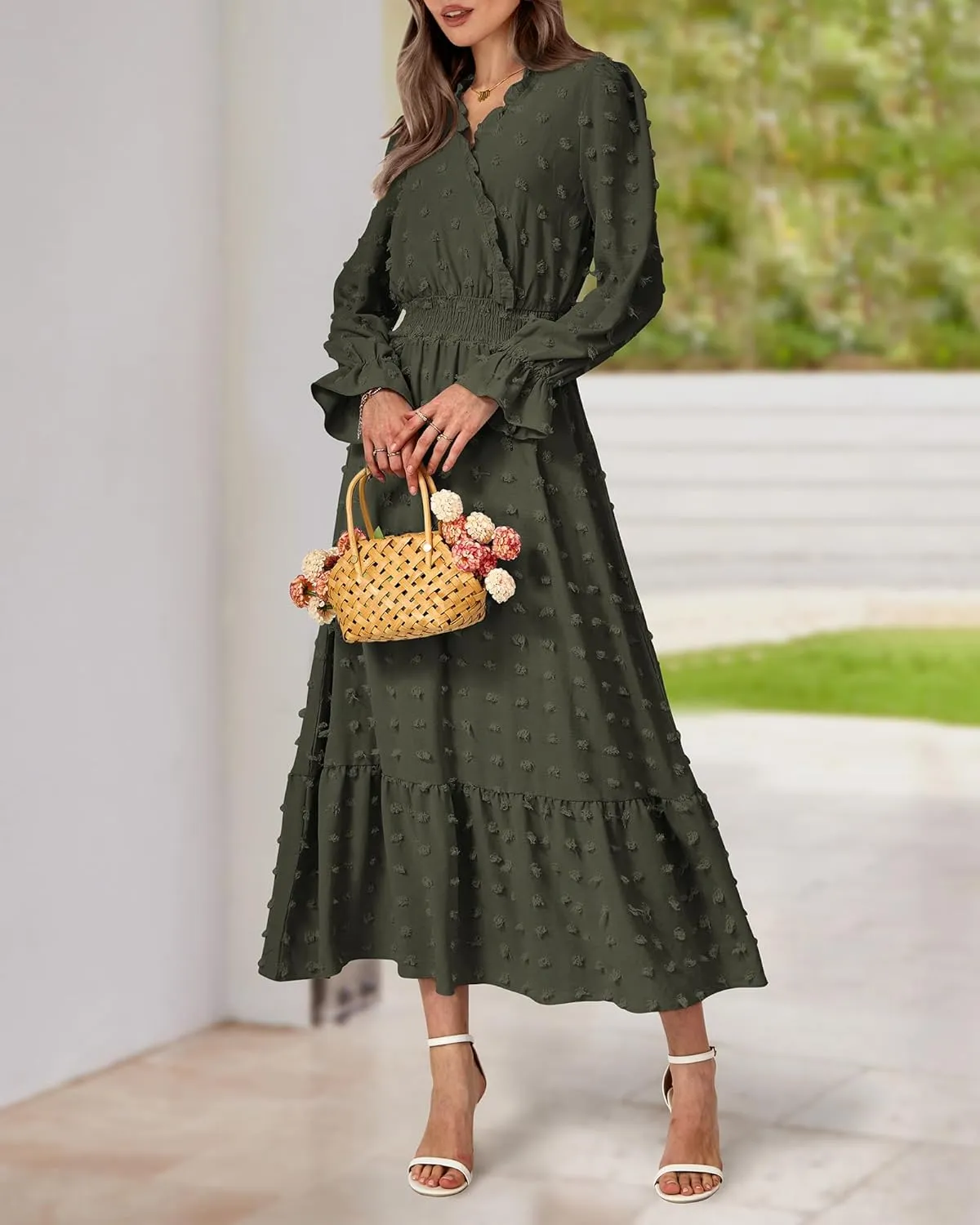 BTFBM Women Spring Dresses 2025 Long Sleeve V Neck Swiss Dots Maxi Dress Boho Long Dress High Waisted A-Line Ruffle Dress