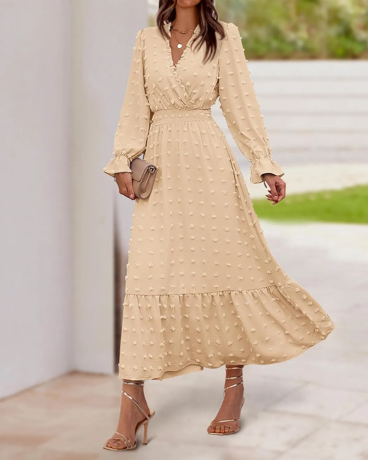 BTFBM Women Spring Dresses 2025 Long Sleeve V Neck Swiss Dots Maxi Dress Boho Long Dress High Waisted A-Line Ruffle Dress