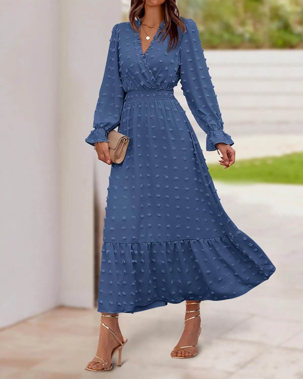 BTFBM Women Spring Dresses 2025 Long Sleeve V Neck Swiss Dots Maxi Dress Boho Long Dress High Waisted A-Line Ruffle Dress