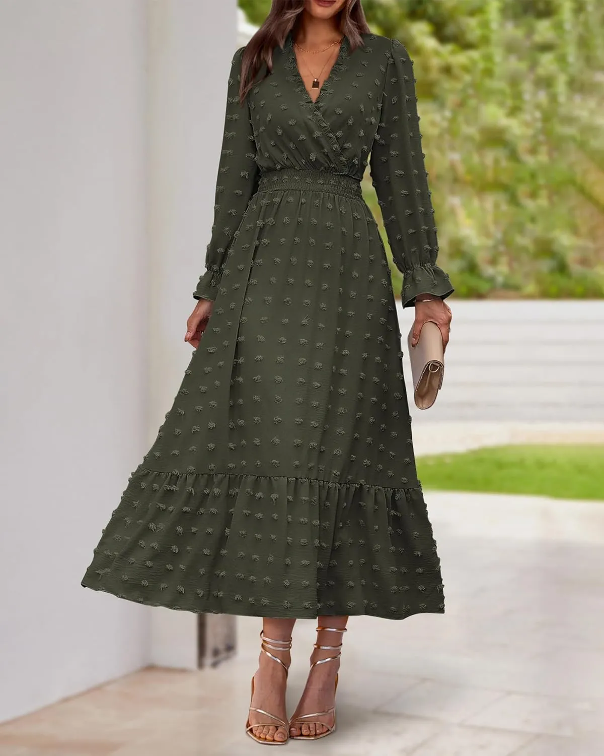 BTFBM Women Spring Dresses 2025 Long Sleeve V Neck Swiss Dots Maxi Dress Boho Long Dress High Waisted A-Line Ruffle Dress