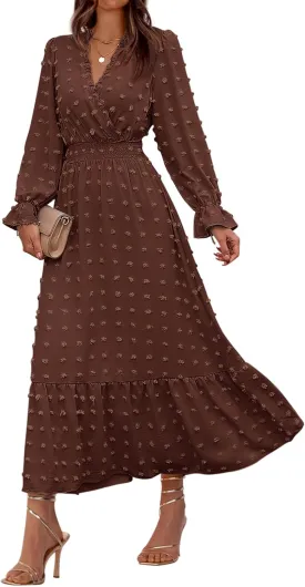 BTFBM Women Spring Dresses 2025 Long Sleeve V Neck Swiss Dots Maxi Dress Boho Long Dress High Waisted A-Line Ruffle Dress