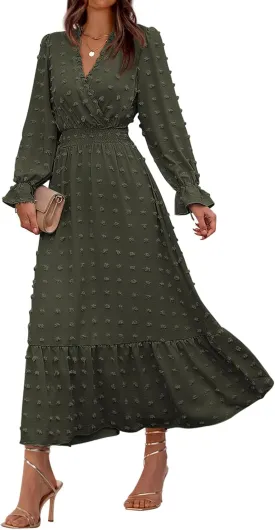 BTFBM Women Spring Dresses 2025 Long Sleeve V Neck Swiss Dots Maxi Dress Boho Long Dress High Waisted A-Line Ruffle Dress