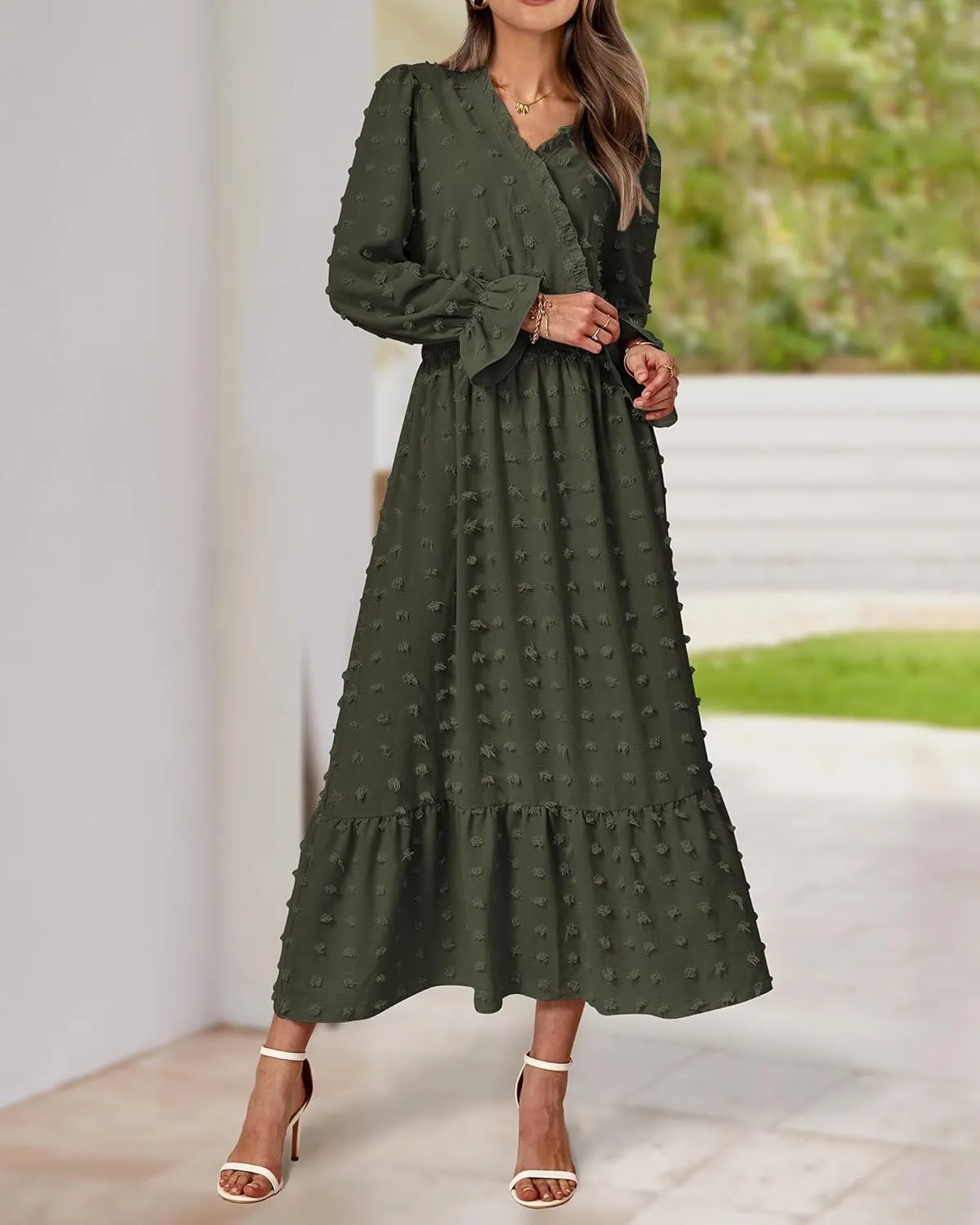 BTFBM Women Spring Dresses 2025 Long Sleeve V Neck Swiss Dots Maxi Dress Boho Long Dress High Waisted A-Line Ruffle Dress
