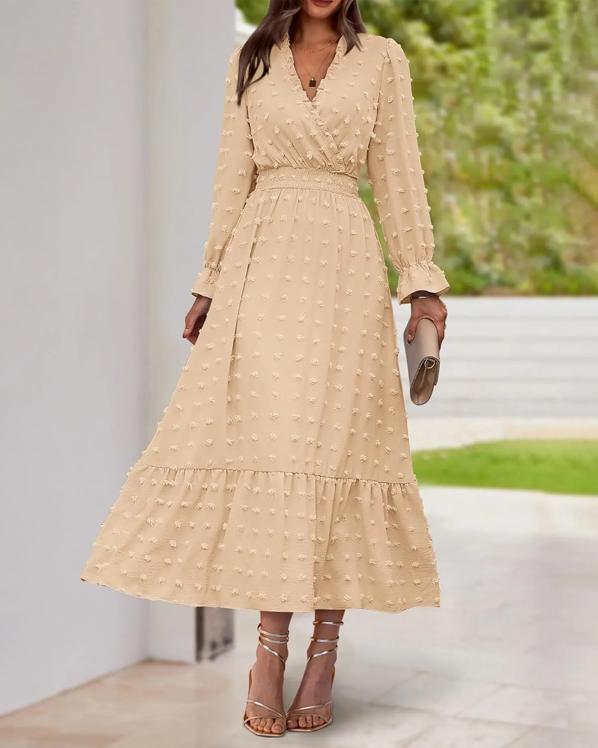 BTFBM Women Spring Dresses 2025 Long Sleeve V Neck Swiss Dots Maxi Dress Boho Long Dress High Waisted A-Line Ruffle Dress