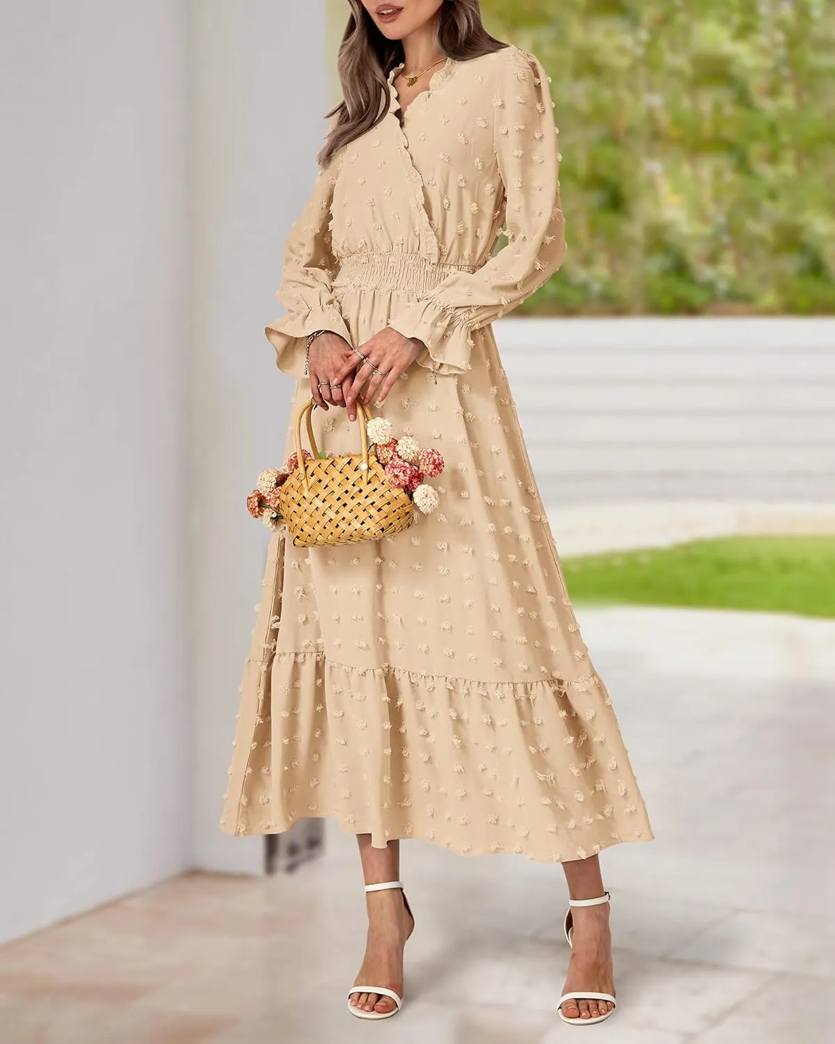 BTFBM Women Spring Dresses 2025 Long Sleeve V Neck Swiss Dots Maxi Dress Boho Long Dress High Waisted A-Line Ruffle Dress