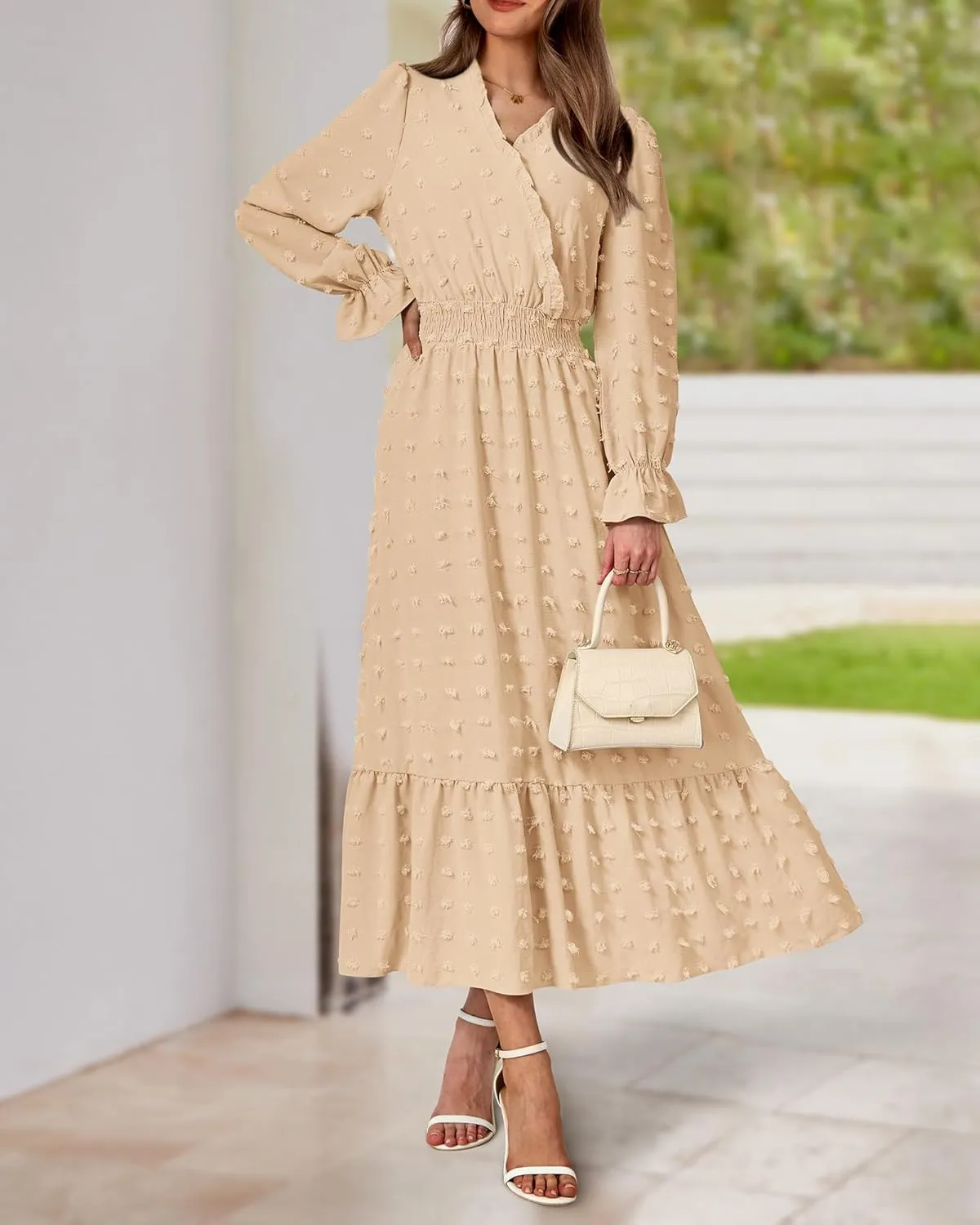BTFBM Women Spring Dresses 2025 Long Sleeve V Neck Swiss Dots Maxi Dress Boho Long Dress High Waisted A-Line Ruffle Dress