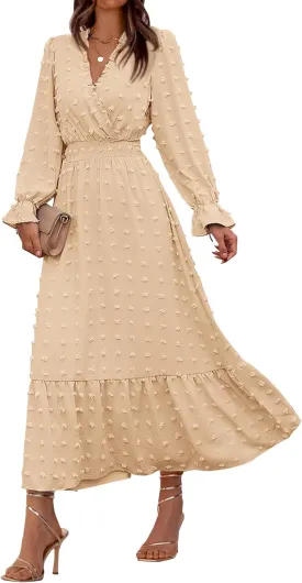 BTFBM Women Spring Dresses 2025 Long Sleeve V Neck Swiss Dots Maxi Dress Boho Long Dress High Waisted A-Line Ruffle Dress