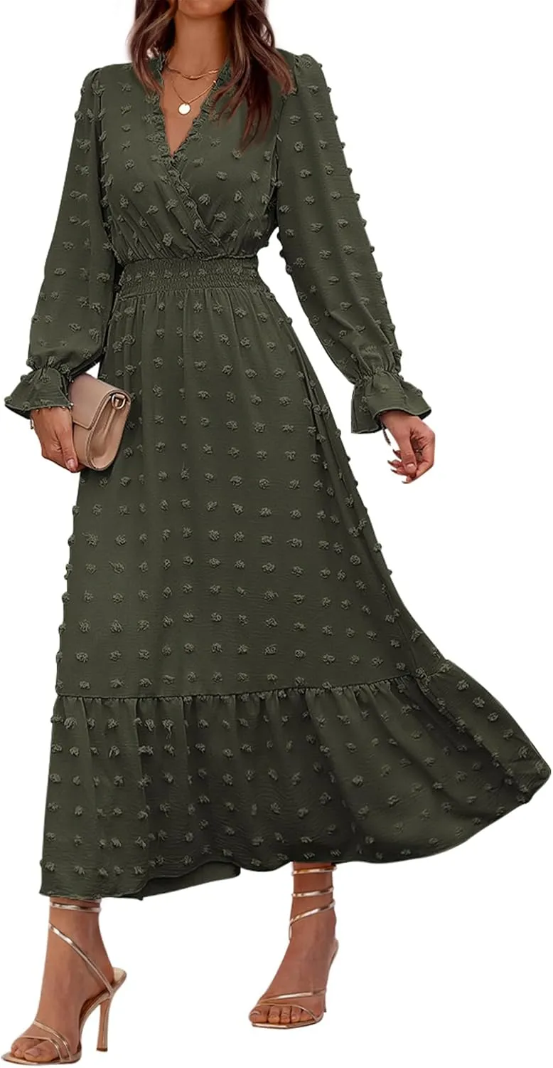 BTFBM Women Spring Dresses 2025 Long Sleeve V Neck Swiss Dots Maxi Dress Boho Long Dress High Waisted A-Line Ruffle Dress
