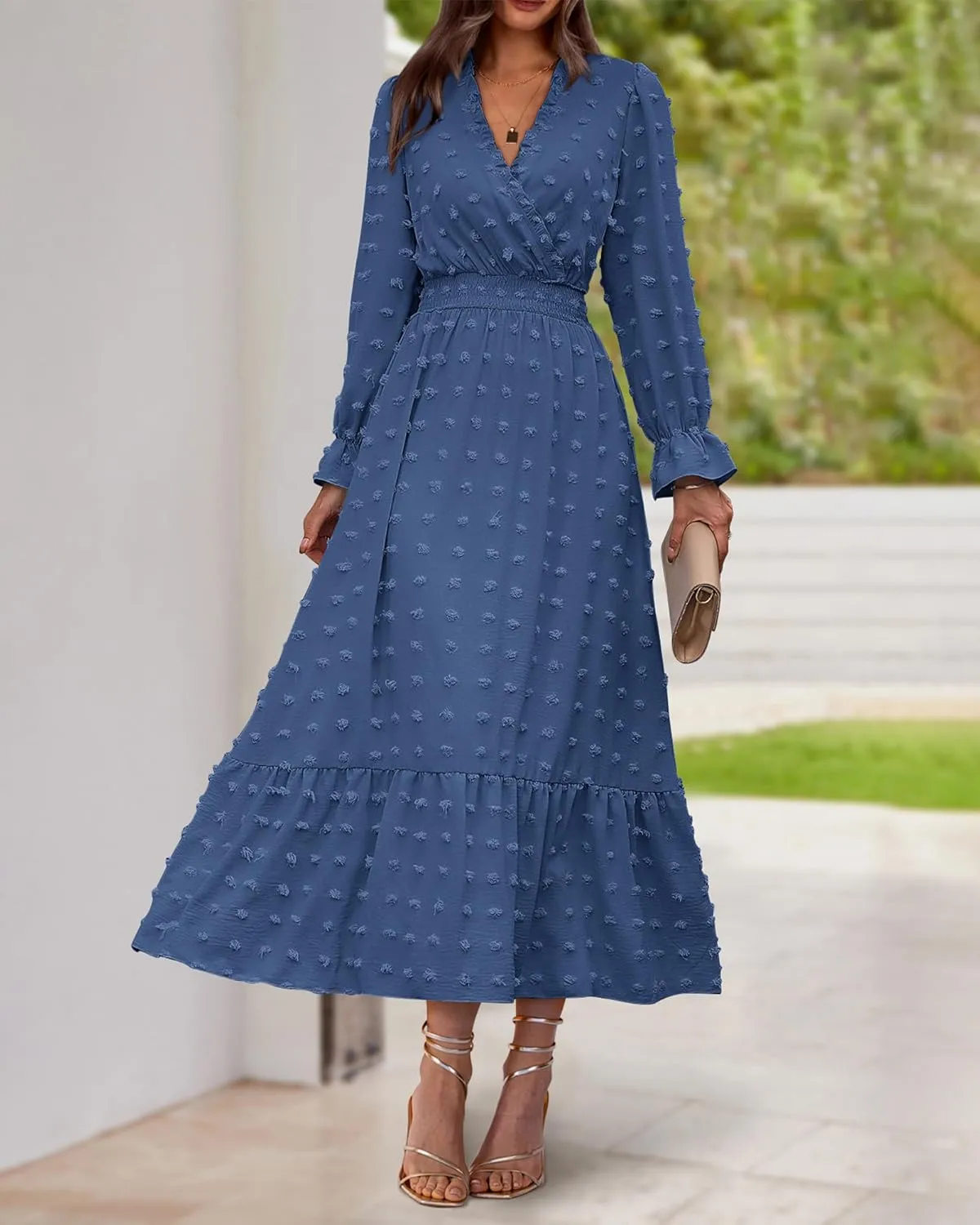 BTFBM Women Spring Dresses 2025 Long Sleeve V Neck Swiss Dots Maxi Dress Boho Long Dress High Waisted A-Line Ruffle Dress